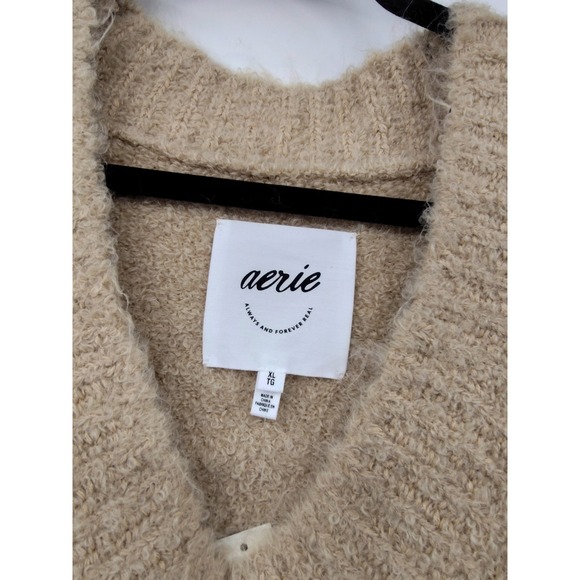 Aerie Womens Teddy Boucle Wool Blend V-Neck Sweater Tan NWT Size XL Oversized - Picture 4 of 9
